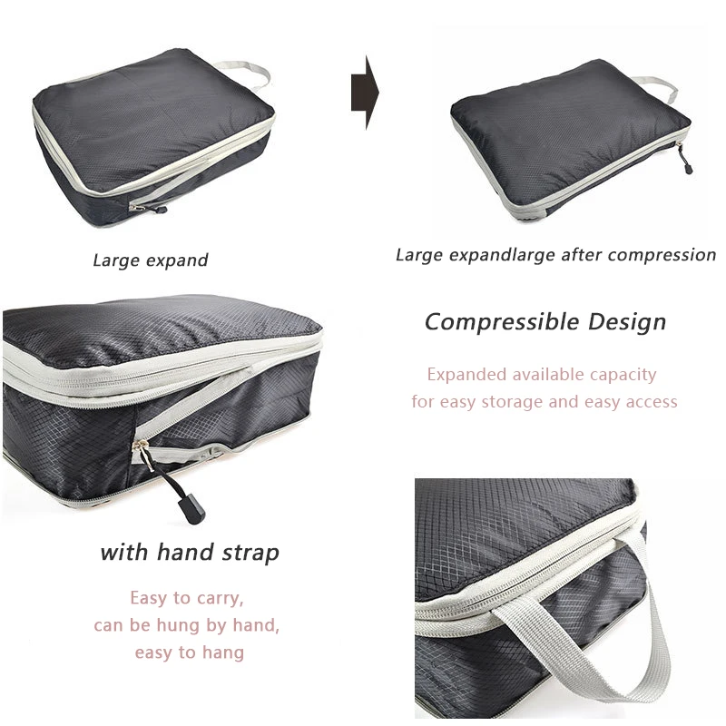 3 Pcs Travel Storage Bag Compressible Packing Cubes Nylon Portable with Handbag Luggage Organizer Foldable Waterproof