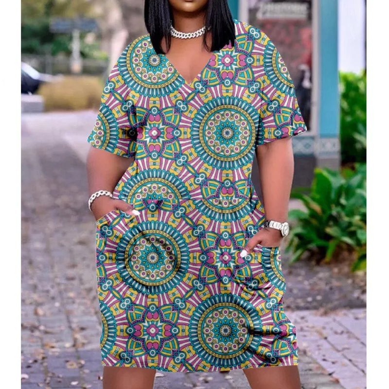 

Tie-dye Flower Pattern Girl Vintage Dress Women Fashion Dress V-Neck Short Sleeve Midi Pocket Boho Beach Dress Party Sexy Dress