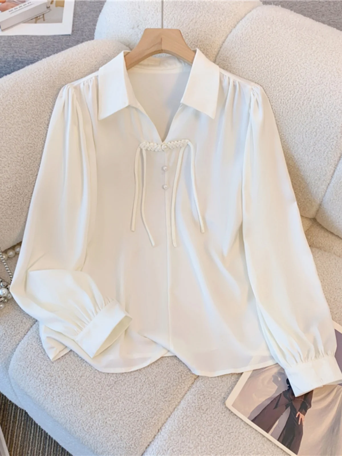 Новые китайские рубашки с v-образным вырезом в национальном стиле белые длинными