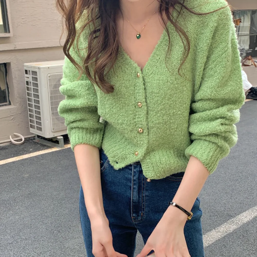

Solid V-neck Round Button Up Cardigan Green Orange Blue Beige Spring Loose Thin Knitted Cardigan