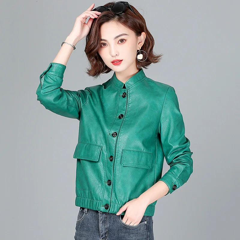

New Women Moto Leather Jacket Spring Autumn 2022 Stylish Stand Collar Single Breasted Short Sheepskin Coat Casual Biker Jacket