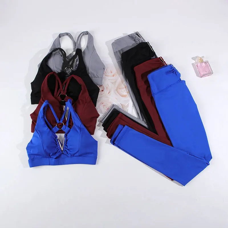 

SVOKOR Double Cross Strap Yoga Suit Back V-Wasit Fitness Leggings with Shockproof Gathered Sports Bra Women's Workout Set