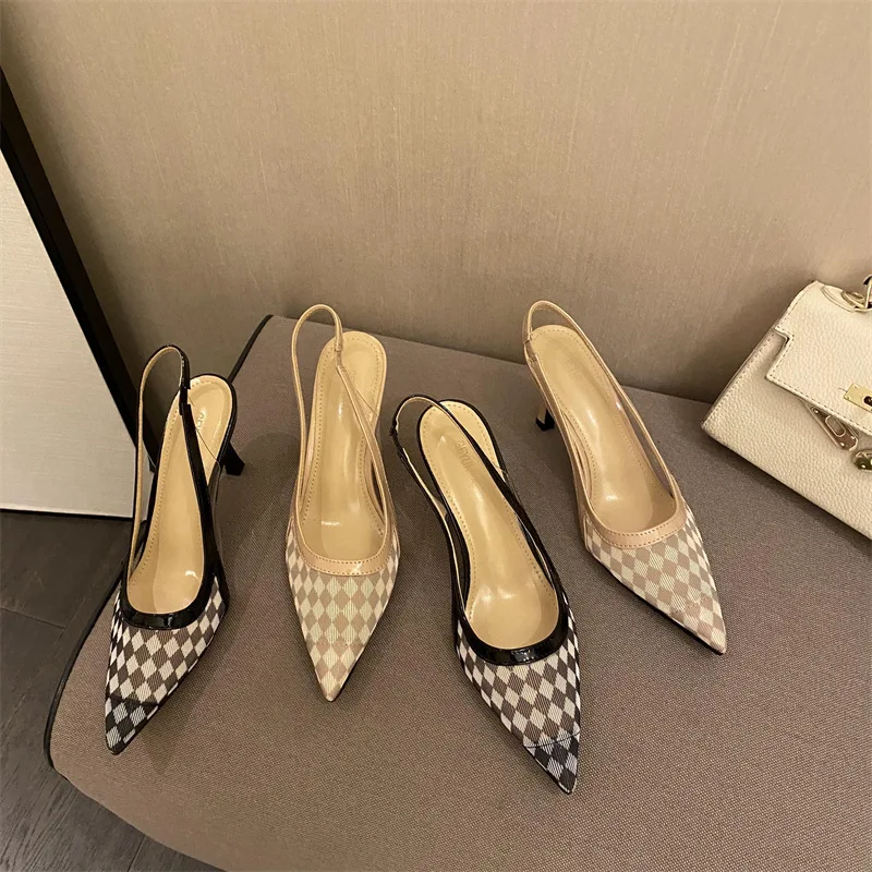 

Sexy Houndstooth Mesh Cloth Baotou Back Empty Sandals 2022 Summer New Korean Version Stiletto Pointed Toe High-heeled Sandals