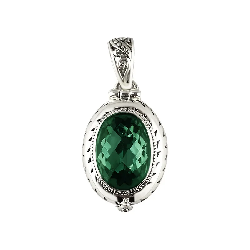 

100%925 silver jade box green crystal pendant can open Baroque retro wind stone pendant exquisite female character pendant.