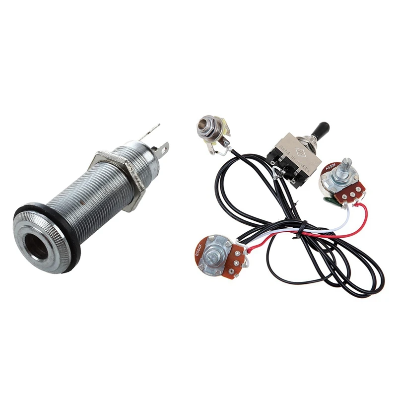 

1 Pcs 1/4 Inch Chrome Cylinder Flush Mount Jack & 1 Set Guitar Wiring Harness Prewired Switch Silver
