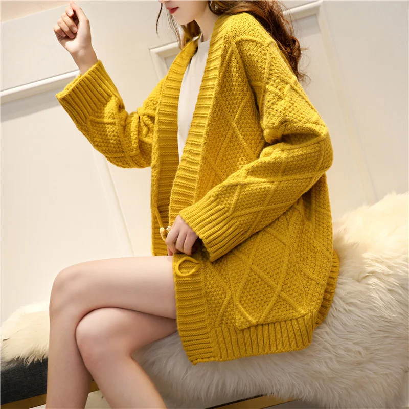 

Spring Korean Knitting Sweater Women Loose Mid Long Cardigan Jumpers Ladies 4 Color Big Pocket Long Sleeve Knitted Jacket Female