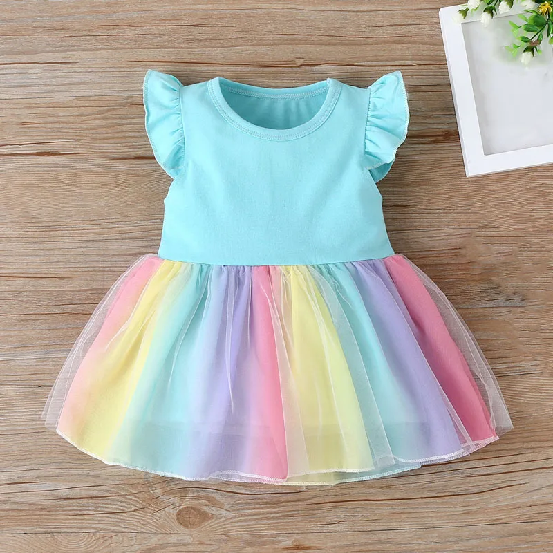 

Baby Girls Summer Dresses 2022 New Flying Sleeve O-Neck Casual Dress Rainbow Tulle Tutu Patchwork Toddler Kids Clothes Blue/Pink
