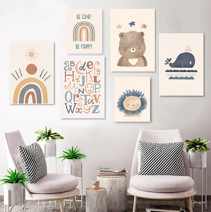

Boho Wall Posters Lion Bear Canvas Painting Sun Rainbow Art Prints Nursery Poster Nordic Wall Pictures Baby Kids Room Decoration