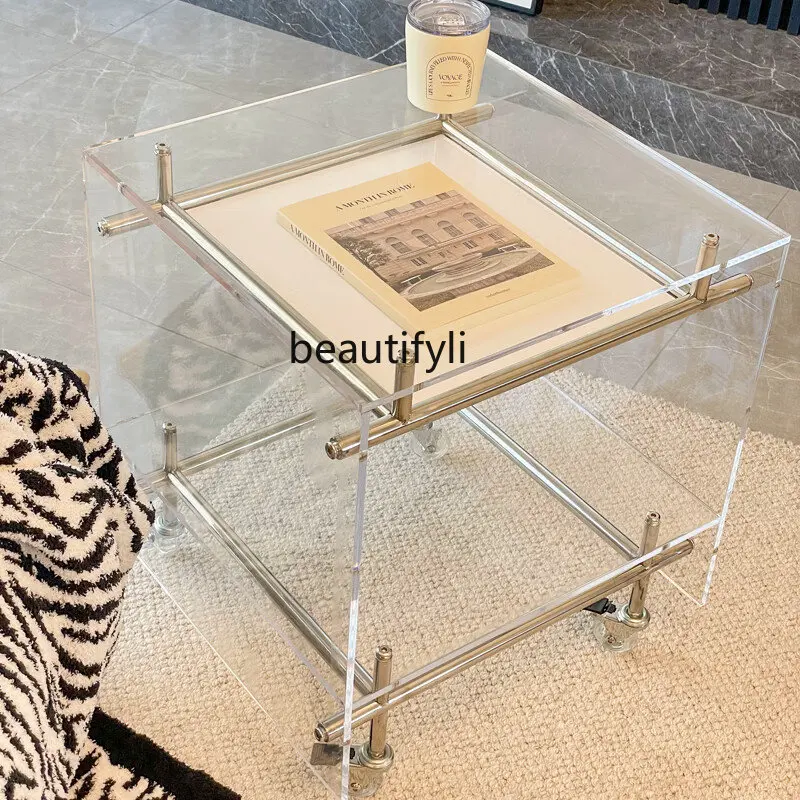 

zqMobile Bedside Table Acrylic Stainless Steel Cart Removable Side Table Living Room Transparent Acrylic