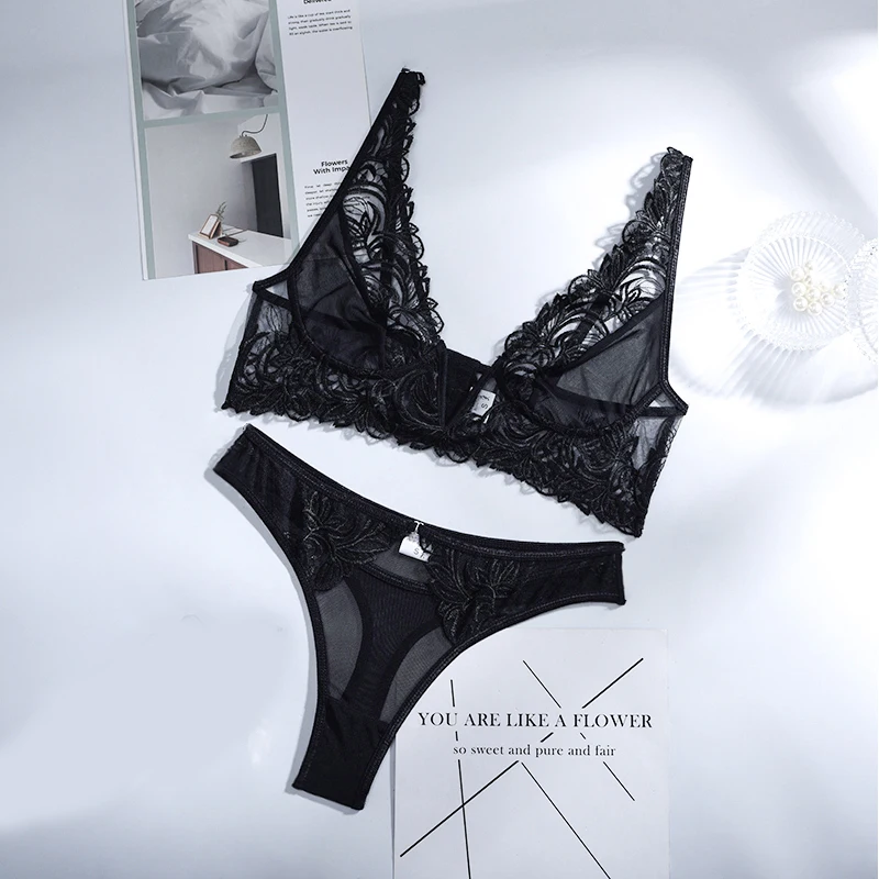

Sensual Lace Deep V Underwear Women Lingerie Exotic Floral Transparent Intimate Female Sexy Bra Brief Sets Underwire Bielizna