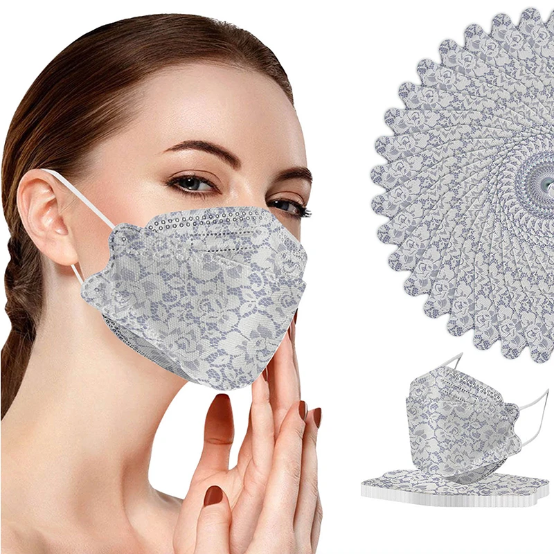 

Newly 50 Pack Disposable Face Mask Protection K 94 Non-Woven Lace Floral Printed Fish Mouth Face Bandanas for Adults