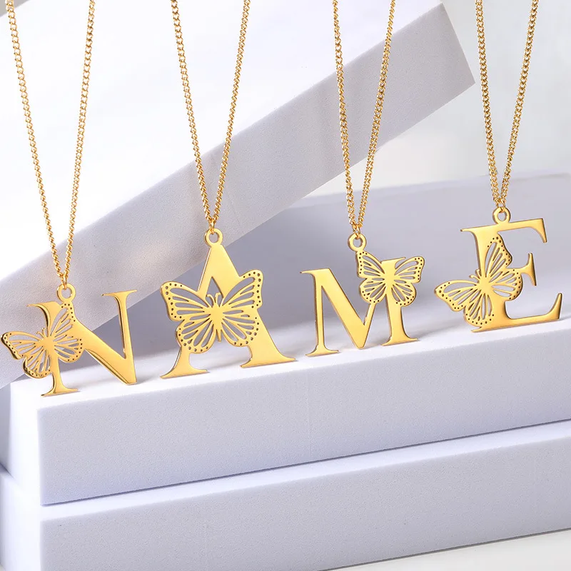 

New Fashion Trendy Gold Stainless Steel 26 Letter Name Butterfly Clavicle Necklace Men Women Couple Jewelry Party Gift Wholesale