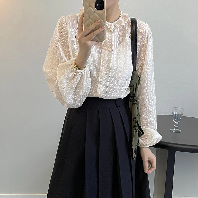 

Womens Round Neck Ruffle Lace Button Down Blouse Long Sleeve Lightweight Top