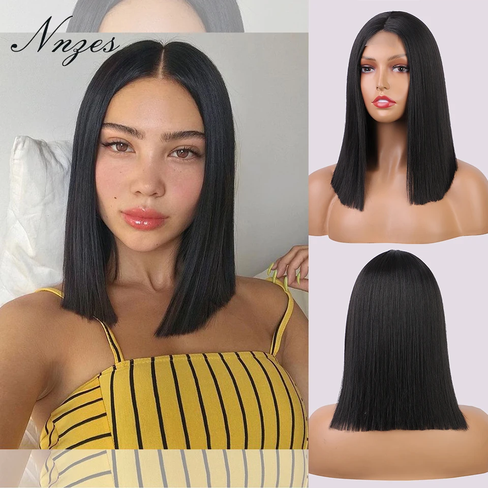

NNZES Black Synthetic Wigs Short Striaght Bob Wig for Women Natural Looking Daily/Cosply Use Orange Brown Red Color Wigs