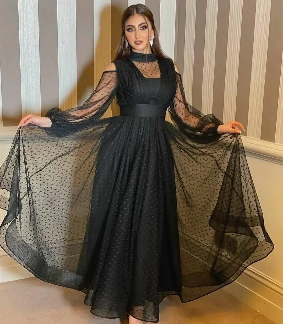 

BridalAffair, длинные черные мусульманские Вечерние платья, трапециевидные платья с круглым вырезом, цветочные плиссированные платья до пола на молнии сзади, женское платье
