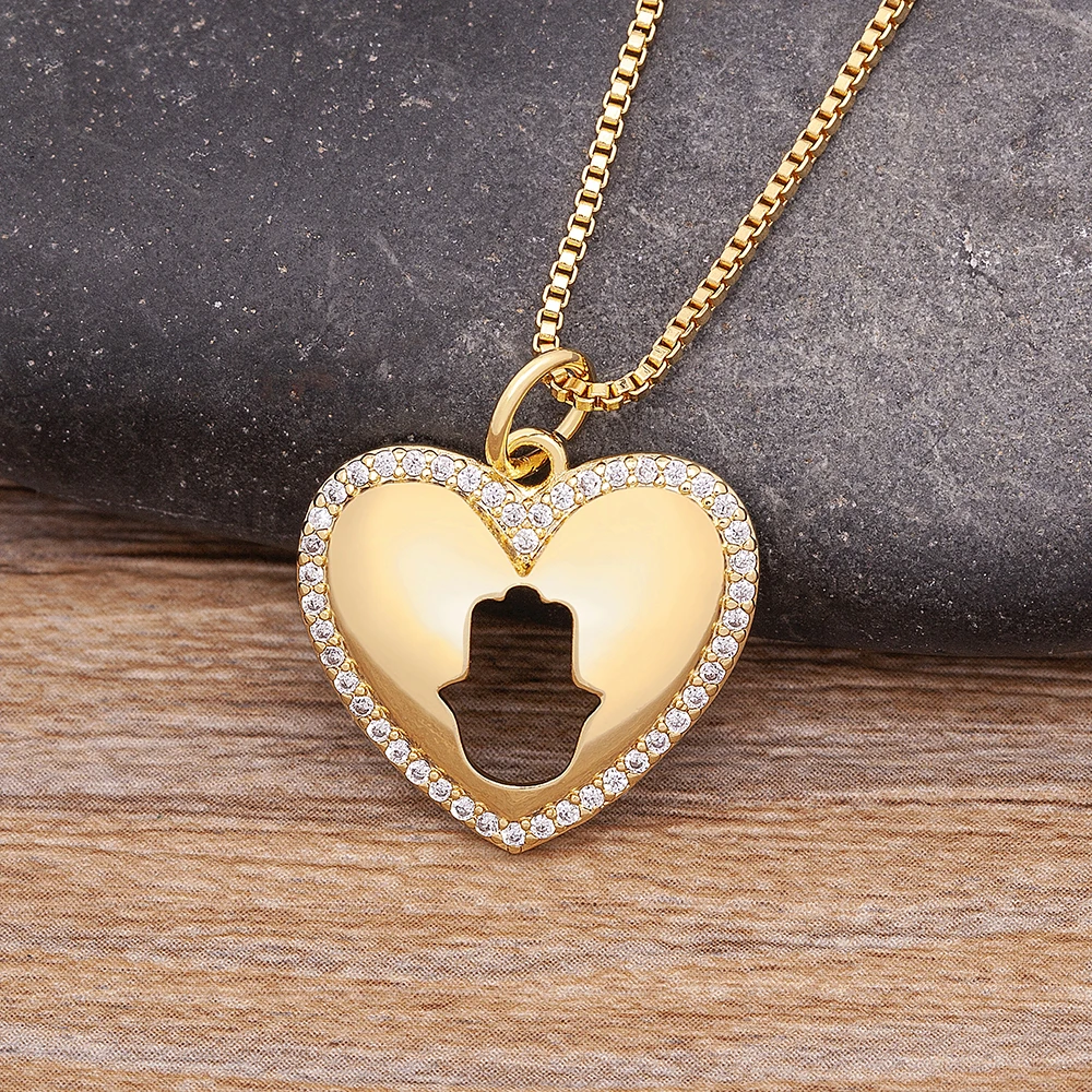 

Nidin Heart Shape Hamsa Hand Pendant Copper Material Gold Color Fatima Palm Necklace Zircon Jewelry Party Gift For Men Women