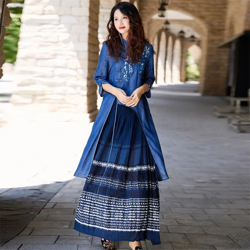 2023 traditional cheongsam chinese vintage denim dress national flower embroidery dress elegant folk dress feminino streetwear