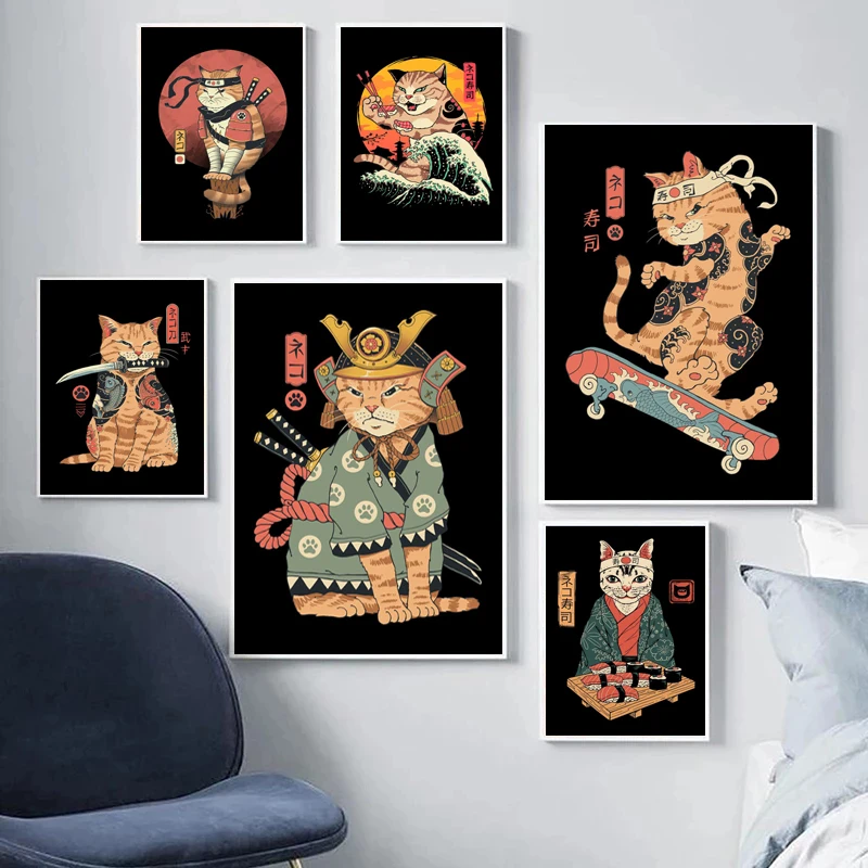 Абстрактная картина из мультфильма аниме животное на холсте японский самурай