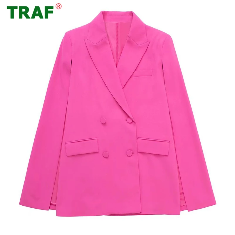 

TRAF Pink Cape Blazer Woman 2022 Double Breasted Jacket Women Long Cut Out Sleeve Coat Suit Fashion Streetwear Female Blazer