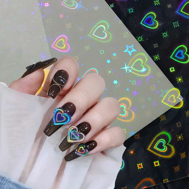 Aurora Laser Heart Nail Art Sticker Shiny Dynamic Gradient Love Star Pattern Glass Foil Film Adhesive decals Decoration 1PC |