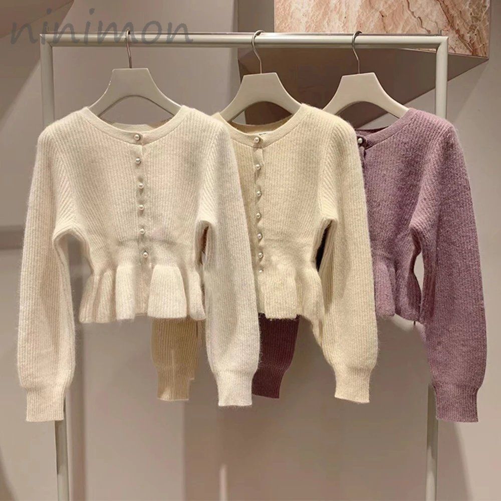 

NINIMON Single-breasted Knitted Cardigan Ruffle Hem Short Knit Tops Sweet Solid Colour Round Neck Waist Hem Knitted Knitwear