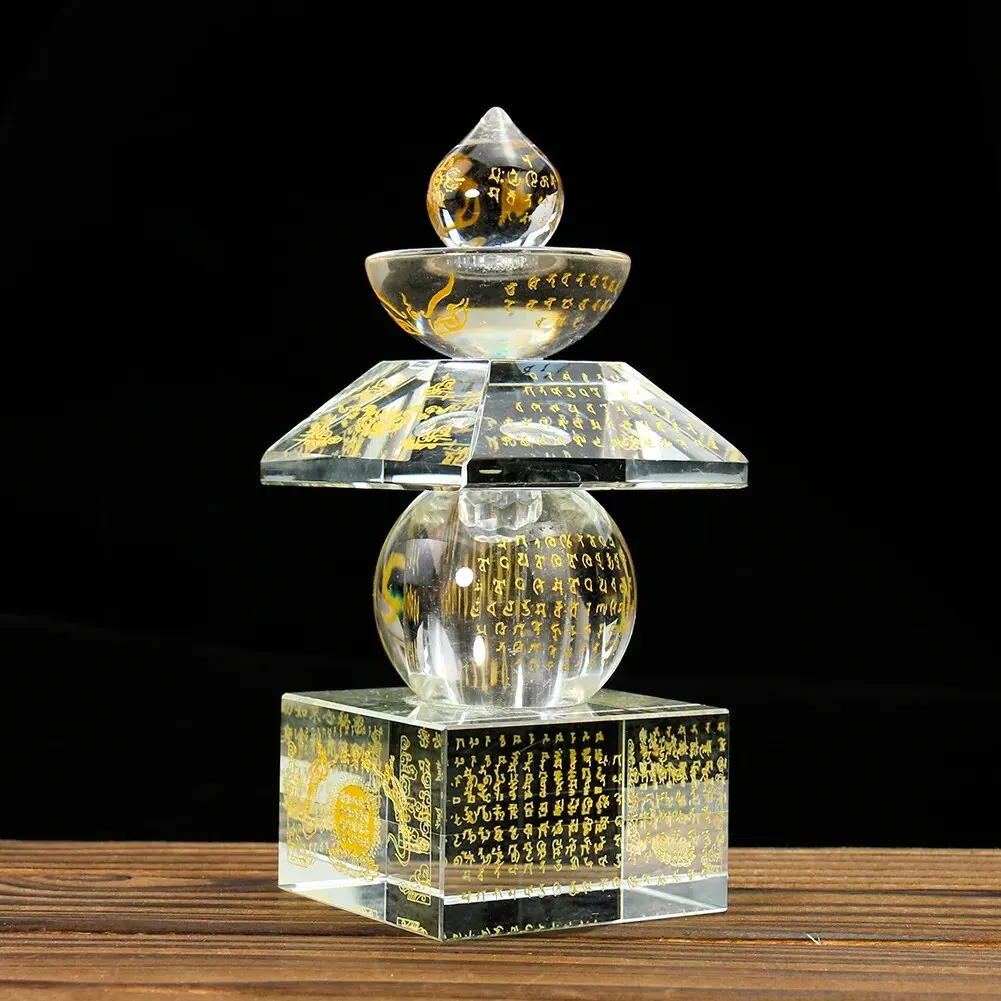 

Crystal Glass Laser Carving Buddhism Scriptures Rune Five-story Stupa Dagoba Sarira Crafts Ornament Figurines Healing Decor