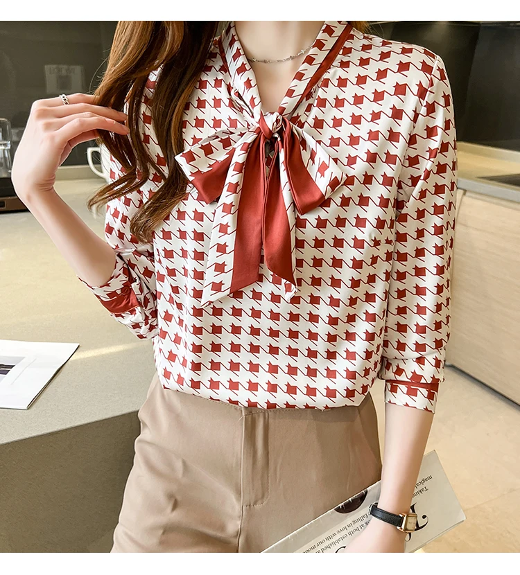 Женские атласные рубашки FANIECES красные с рисунком гусиные лапки Элегантные