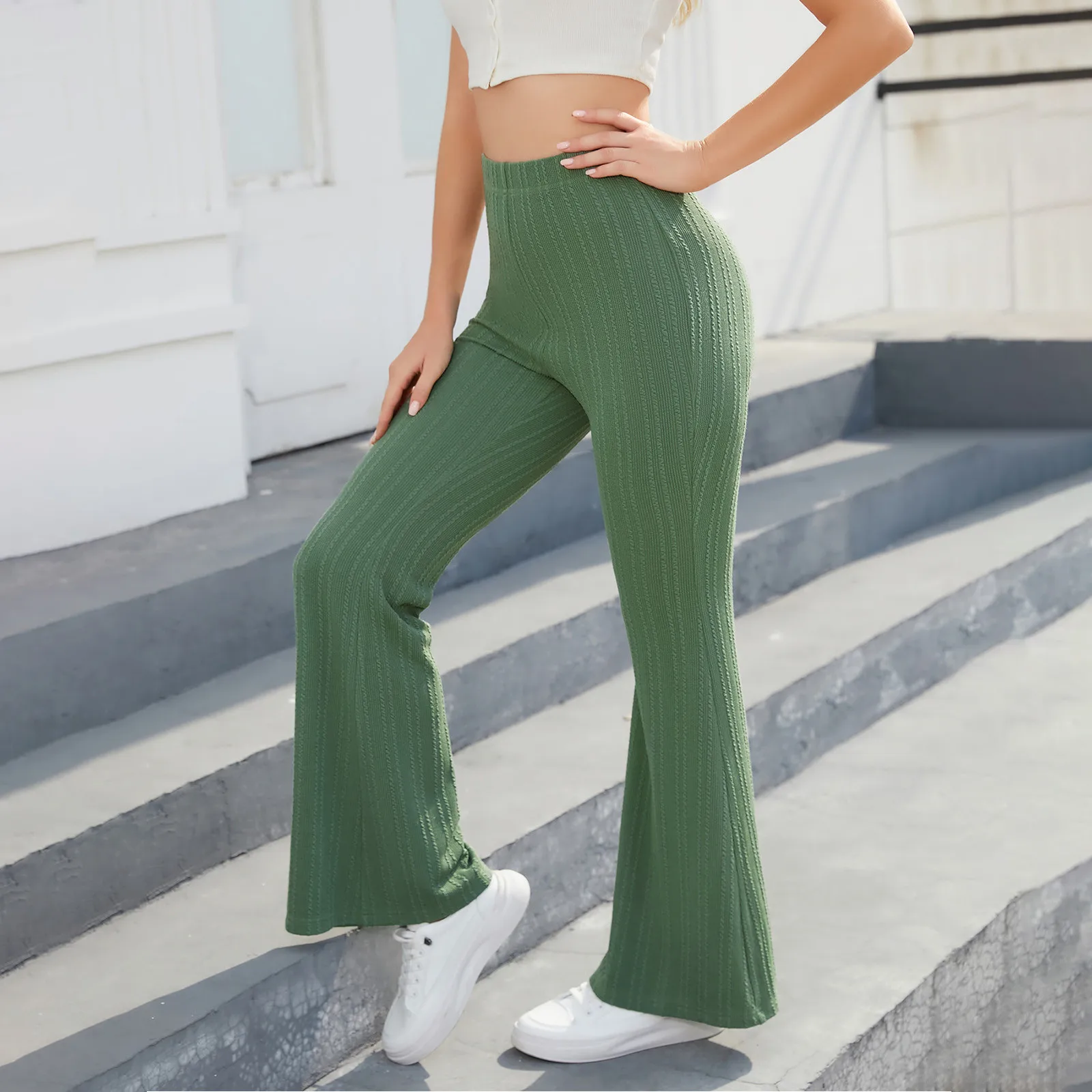 

Модные Женские однотонные полосатые облегающие микро расклешенные спортивные повседневные трикотажные брюки с высокой талией для йоги и улицы