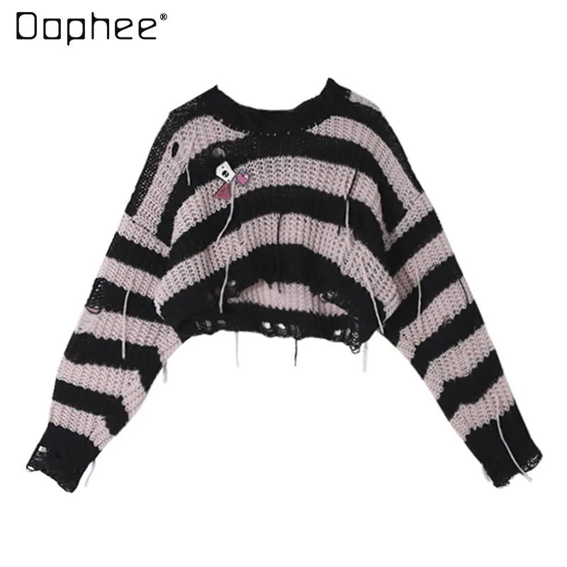 

Женский короткий свитер в розовую полоску, свободные женские пуловеры, модный тонкий вязаный Топ с длинным рукавом для стройных девушек, Но...