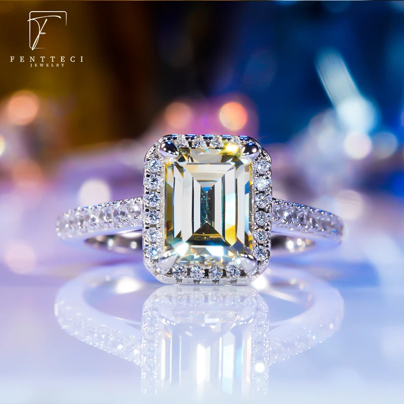 FENTTECI S925 Sterling Silver Gold Plated Square Moissanite Ring for Women Wedding Bands Anniversary Party Gift Fine Jewelry
