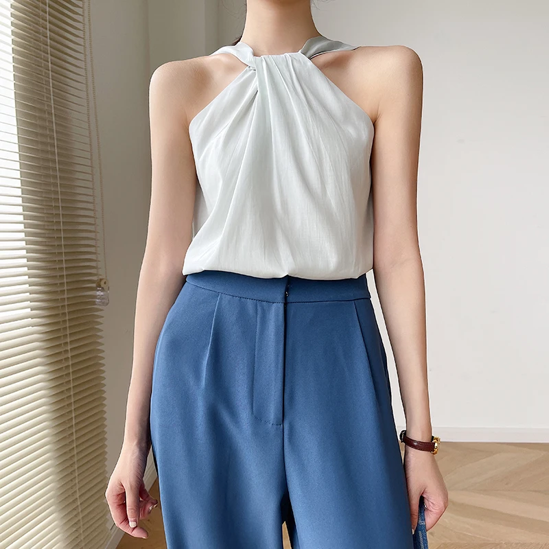 Лето 2022 Новый однотонный белый топ без рукавов для женщин Модный Элегантный