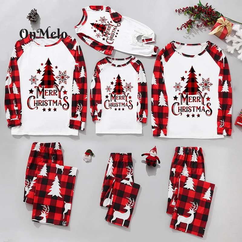

OnMelo Merry Christmas Family Pajamas Santa Tree Patchwork Mom Kid Matching Clothes Casual Soft Sleepwear Xmas Family Look