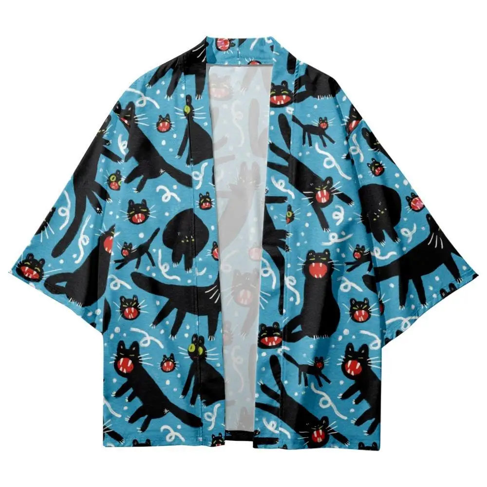 

Cartoon Cute Black Cat Printed Japanese Kimono Beach Shorts Casual Men Women Looser Cardigan Yukata Clothing Harajuku Haori