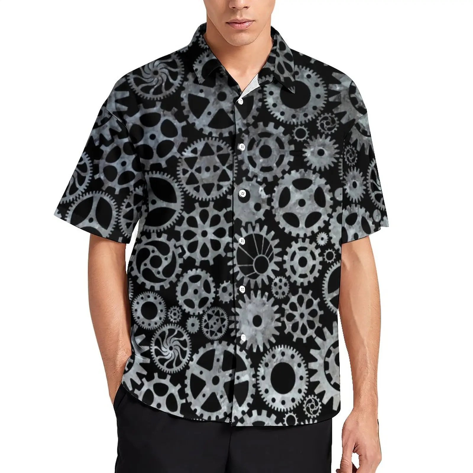 

Steampunk Silver Shirt Male Zinc Bronze Casual Shirts Hawaii Print Blouses Short-Sleeve Retro Oversize Gift Idea