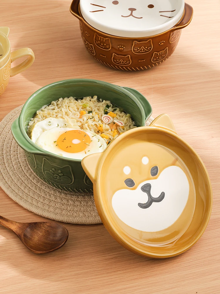 

Cartoon Japanese Ceramic Cat Dog Noodle Bowls With Lids Cute Animal Soup Salad Fruit Bowl Box Decorative Tableware Kitchen Decor
