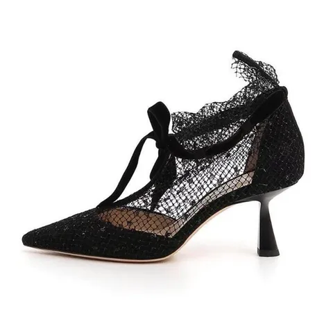Женские сетчатые туфли-лодочки с острым носком на высоком каблуке 10 см, привлекательные летние ботильоны с вырезами, кружевные гладиаторские сандалии, черные классические туфли на шпильке