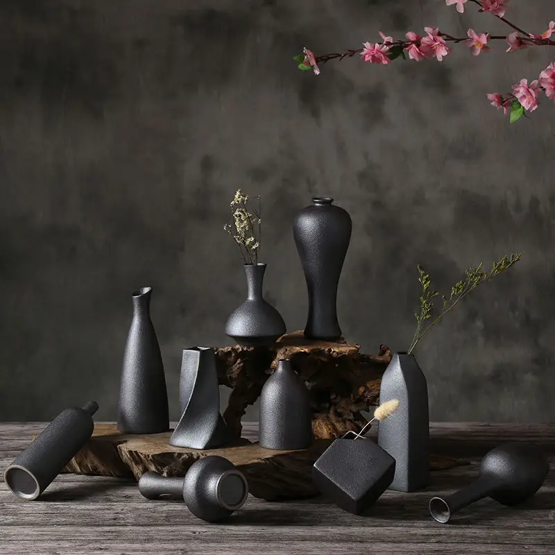 Preto estilo japonés, vaso de cerámica, casa, sala de estar, cristalino, hidropónico,...