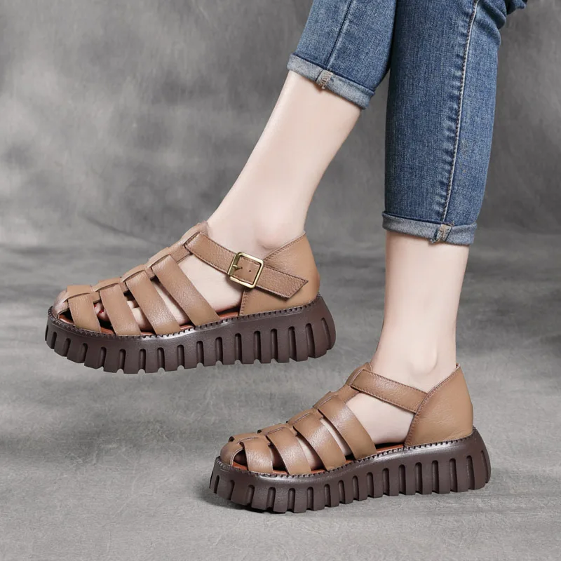 

2022 Summer New Top Layer Cowhide Platform Closed Toe Roman Sandals Handmade Genuine Leather Casual Retro Buckle Sandals