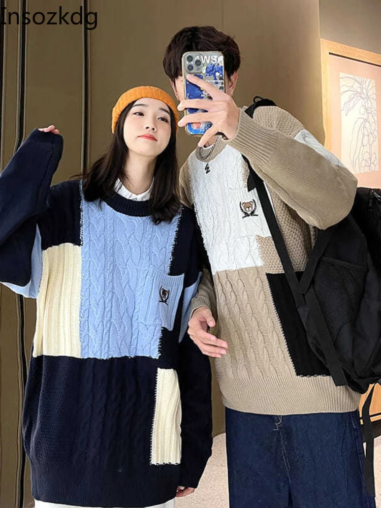 

Insozkdg Spring Vintage Patchwork Knitted Sweater Ladies O-neck Long Sleeve Fashion Casual Oversized Loose Knitwear Pullovers