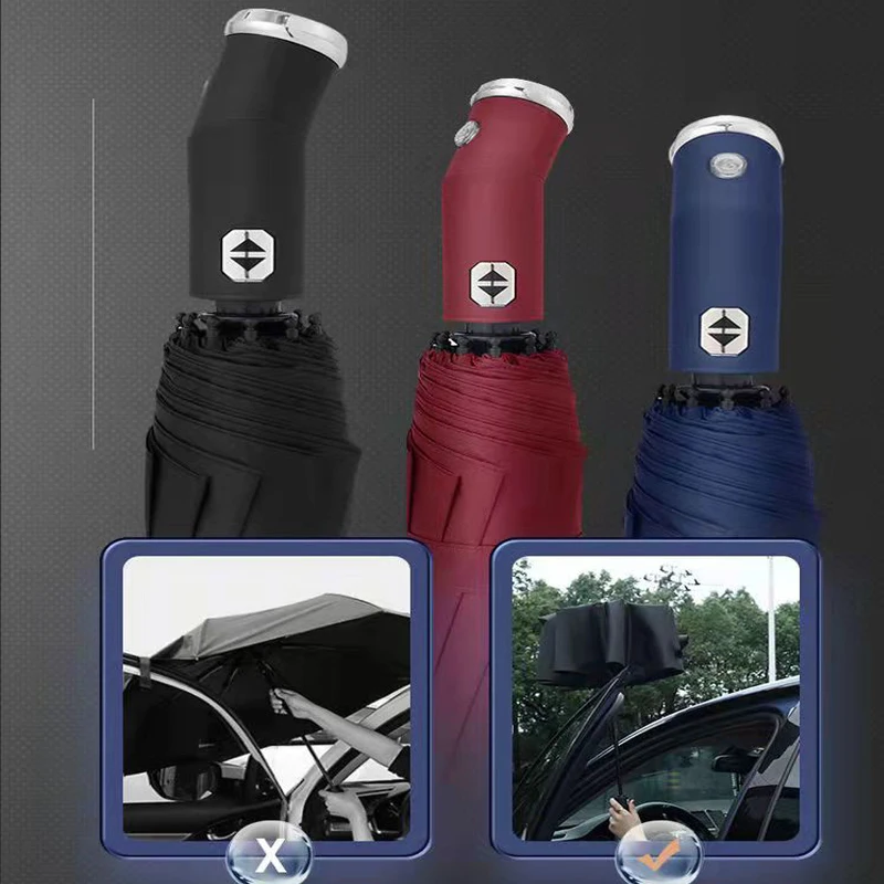 Автоматический зонтик с вращающейся светодиодной головкой, трехсложный перевернутый зонтик с 10 ребрами, устойчивый к ветру, для путешествий.