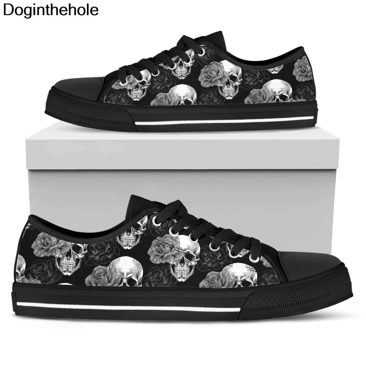 

Doginthehole Woman Low Top Canvas Shoes Floral Skull Spring/Autumn Casual Sneakers Ladies Outdoor Flats Footwear Damen Schuhe