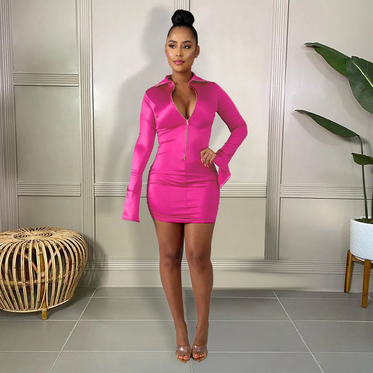 

Однотонное облегающее женское платье, сексуальное мини-платье на молнии с длинным рукавом, облегающее клубвечерние вечернее платье, одежда...