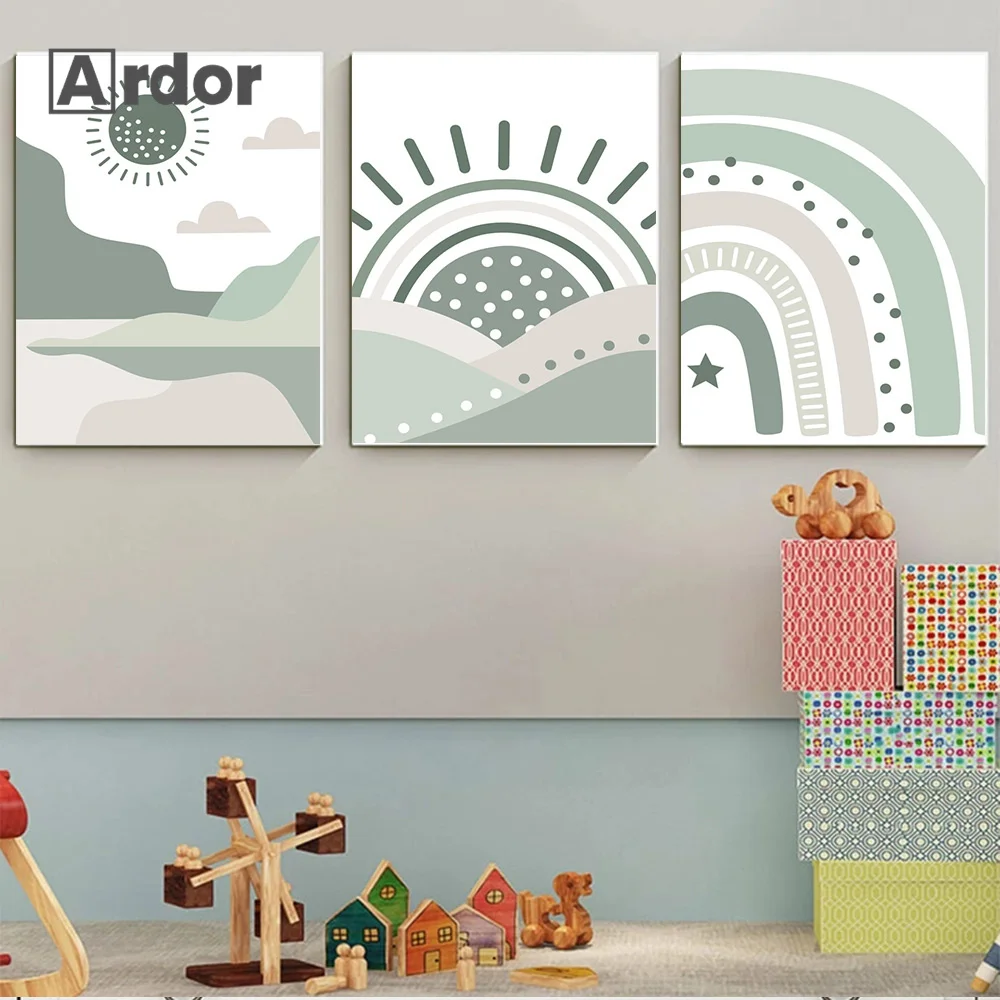 Плакат с изображением Зеленой Горы Солнце Радуга холст пятно художественные