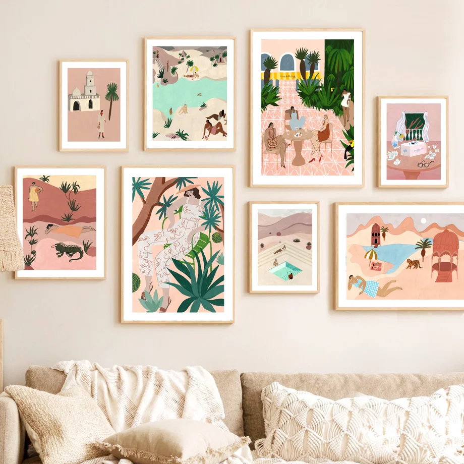 

Abstract Morocco Landscape Boho Pool Beach Girl Wall Art Canvas Painting Posters And Prints Wall Pictures For Living Room Decor