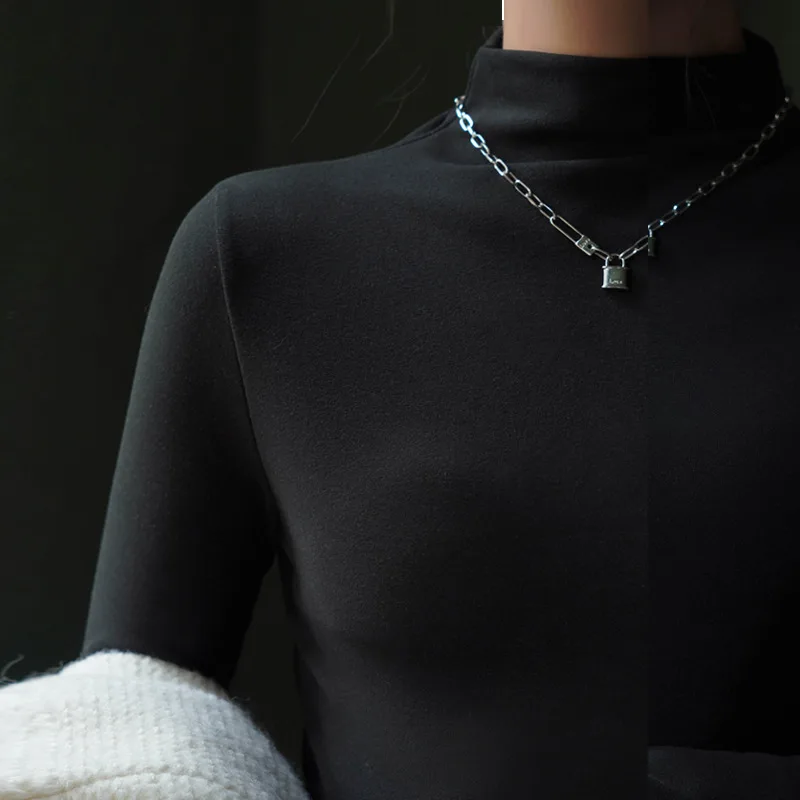 

Half high collar, medium neck, plush base coat, women's interior, fall and winter slim, solid color base coat, black tight long