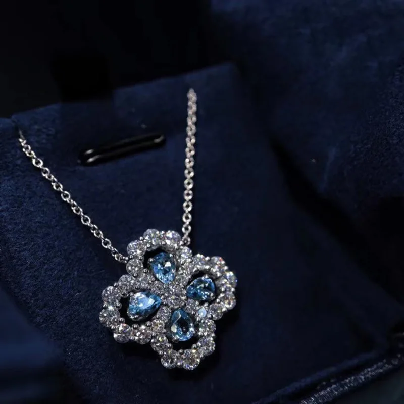 

Clover Chocker Luxury Full Zirconia Diamond Aquamarine Collarbone Chain Minimalism Elegant Necklace