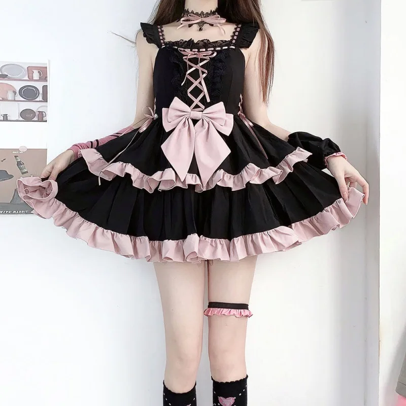 

Japanese Style Gothic Lolita Dress Vintage Girl Sweet Bow Ruffles Bandage Princess Holiday Party Dresses Women 2023 Summer Chic