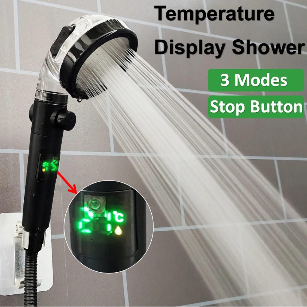 

High Pressure Shower Head 3 Modes Temperature Digital Display Pressurized Showerhead Bathroom Water Saving Rainfall Shower Head