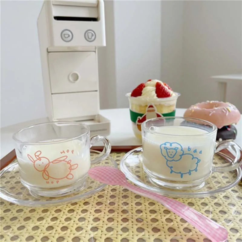 

New 180mL Cute Rabbit/Sheep Coffee Glass Cup with Glass Saucer Creative Cartoon Animal Milk Juice Water Breakfast Glass Mug