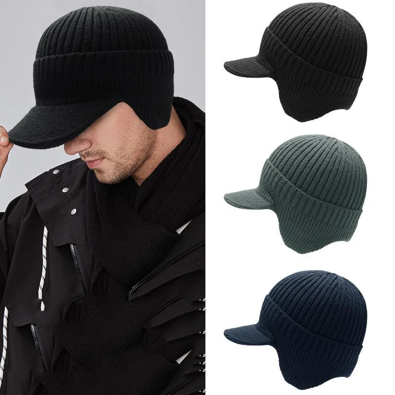 

Men Winter Knitted Ear Protection Cap Wool Beanies Bonnet Earflap Hat Short Brim Outdoor Cycling Ski Warm Cap 2022 Caps for Men